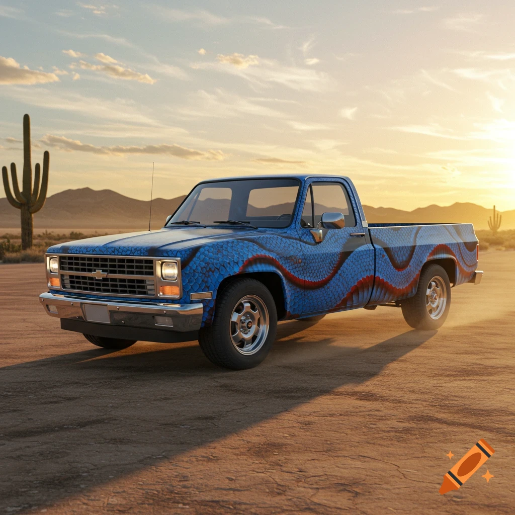 A blue 1981 Chevy Scottsdale pickup truck with a blue and red Malayan blue coral snake paint scheme on a dirt road in a desert at sunset.