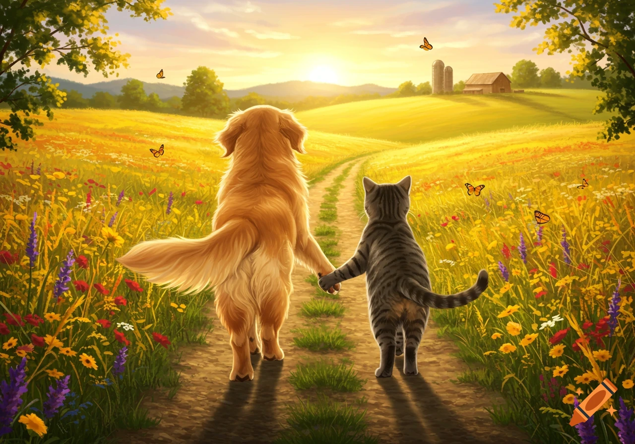A golden retriever and a tabby cat hold paws while walking down a dirt path through a sunny field of wildflowers towards a farm in the distance.