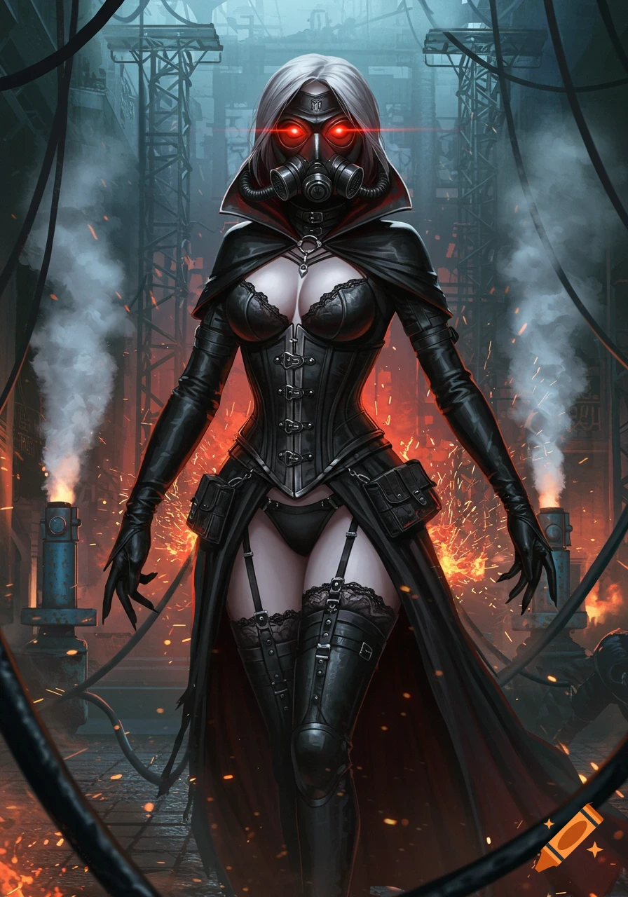 A woman with white hair and glowing red eyes, wearing a gas mask, black corset, thong, garter belt, and long coat, stands in a fiery futuristic industrial setting.