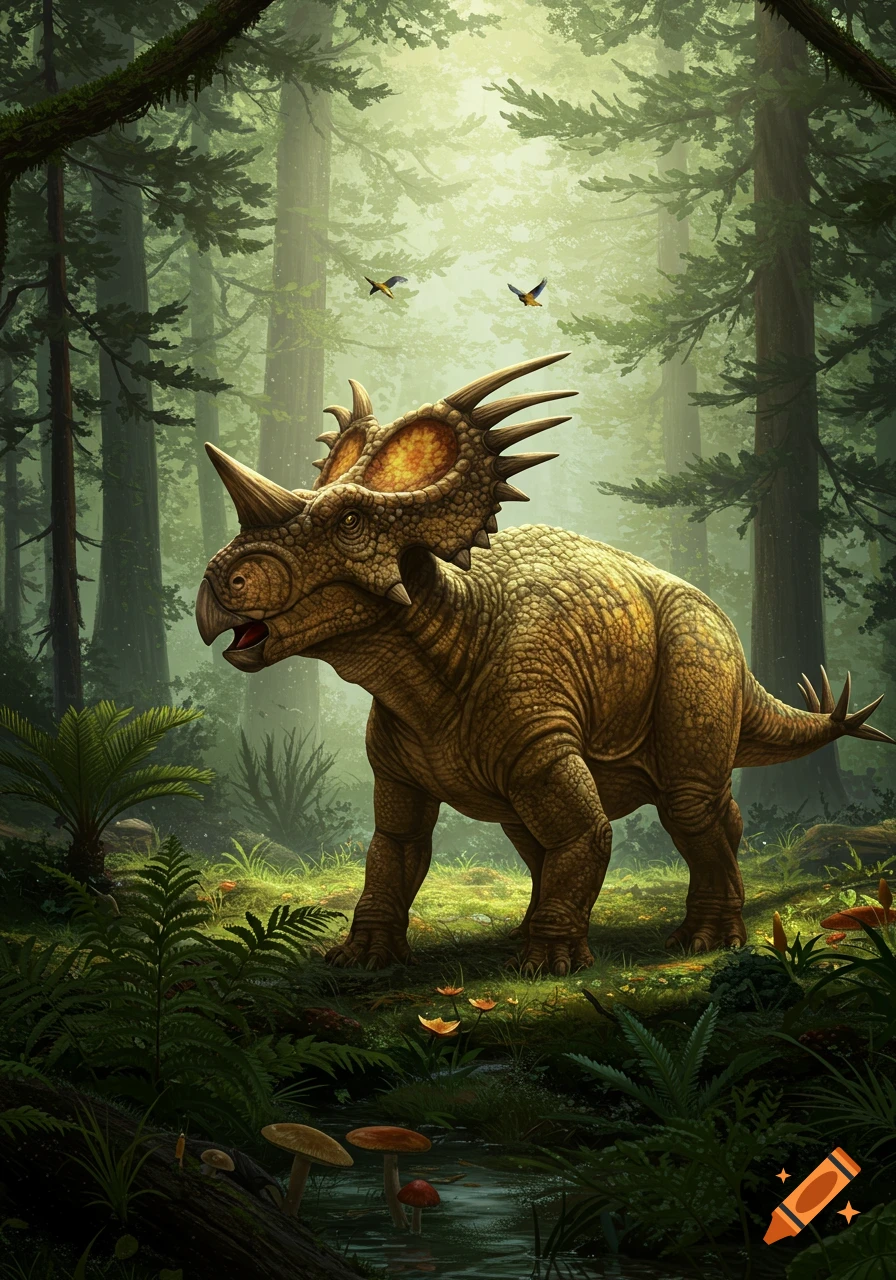 A Styracosaurus, a dinosaur with a large nose horn and a spiky frill, stands in a lush, misty ancient forest.