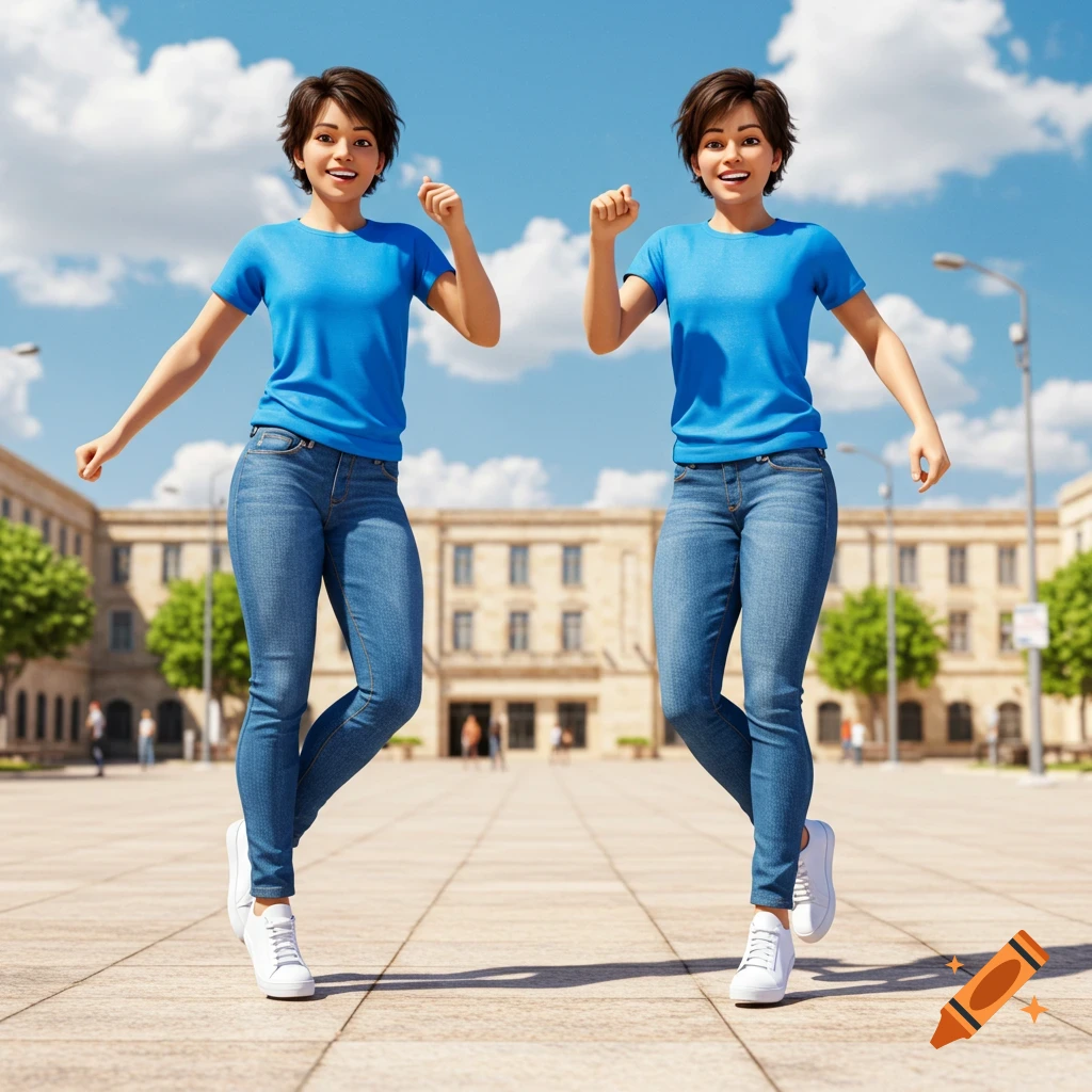 Two smiling animated women in blue t-shirts, jeans, and white sneakers walk in a sunny outdoor plaza in front of a building.