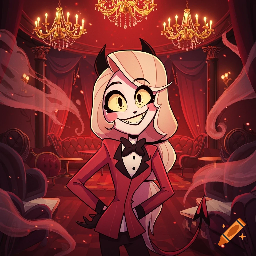 Anime-style Charlie Morningstar from Hazbin Hotel, smiling in a lavish red room with golden chandeliers.