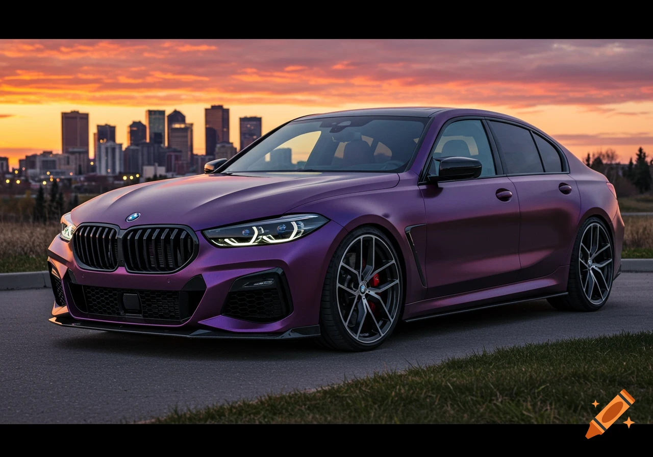 A custom purple BMW sedan with a carbon fiber grille and aftermarket wheels is parked on a road at sunset, with a city skyline in the background.