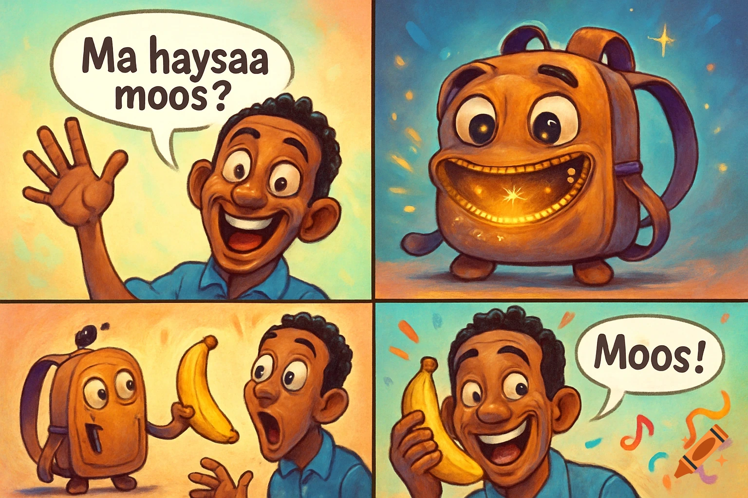 A four-panel cartoon. A man asks "Ma haysaa moos?", a magical backpack glows, then gives him a banana, which he happily holds.