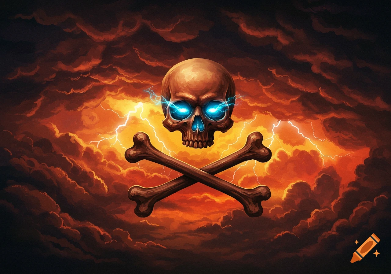 An illustration of a skull and crossbones with glowing blue eyes, lightning, and fiery clouds in the background.