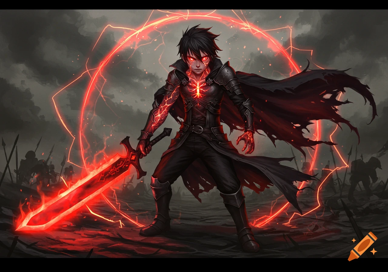 Anime-style dark fantasy character with red glowing eyes, black armor, tattered cape, and a massive red mana sword on a battlefield.