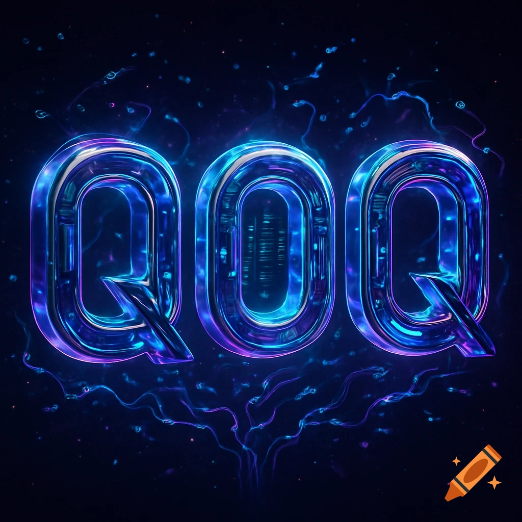 Three glowing sci-fi style letters Q O Q with blue and purple neon outlines against a dark, abstract background.