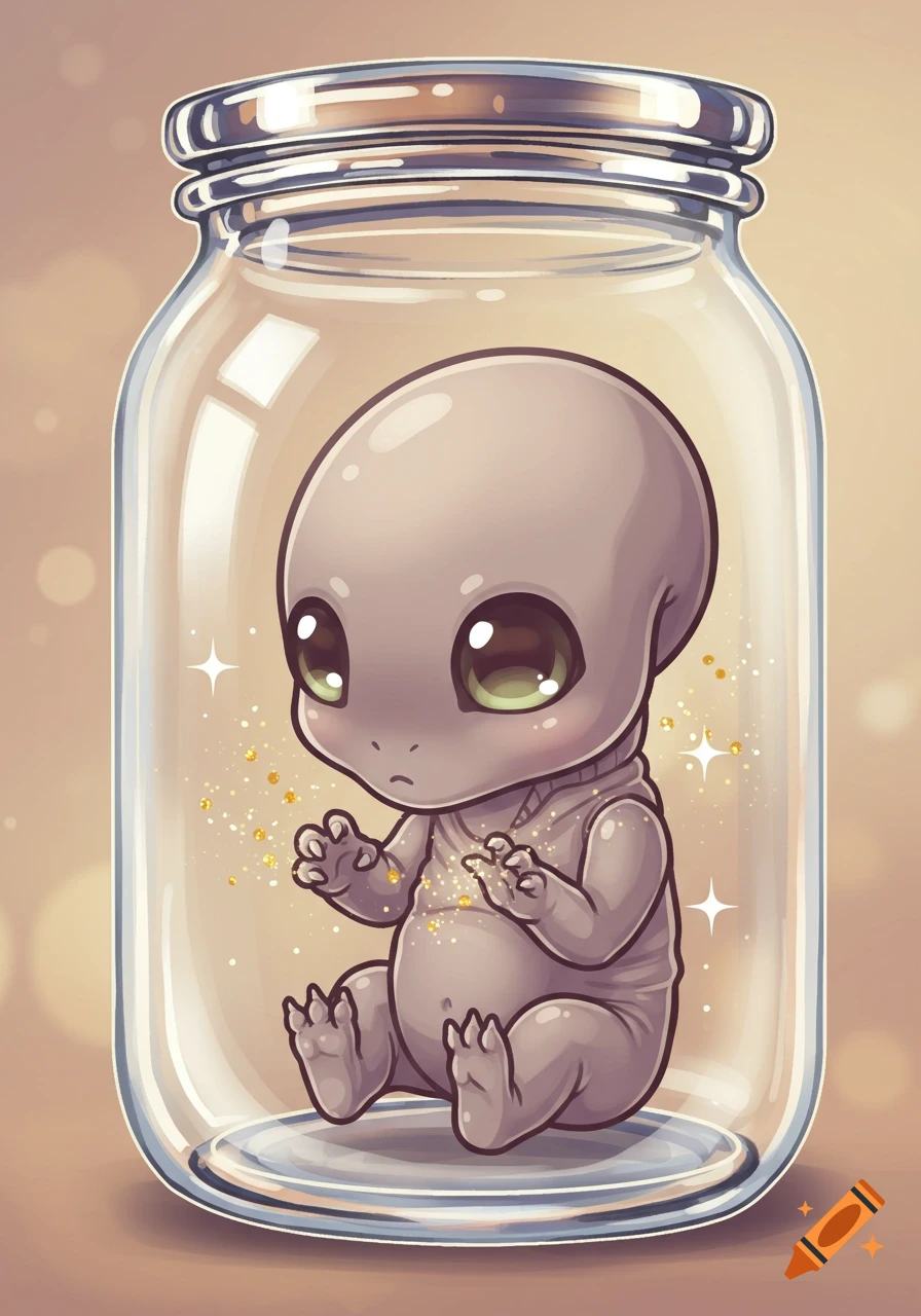 A cute, big-eyed baby alien sits inside a clear glass jar with sparkling glitter, in a cartoon style.