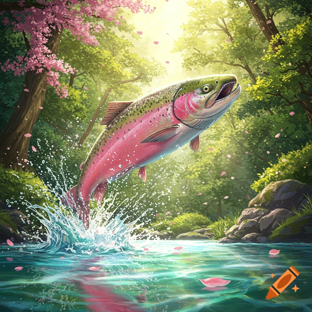 An anime-style salmon with pink and green scales leaps from a sparkling river in a vibrant cherry blossom forest.