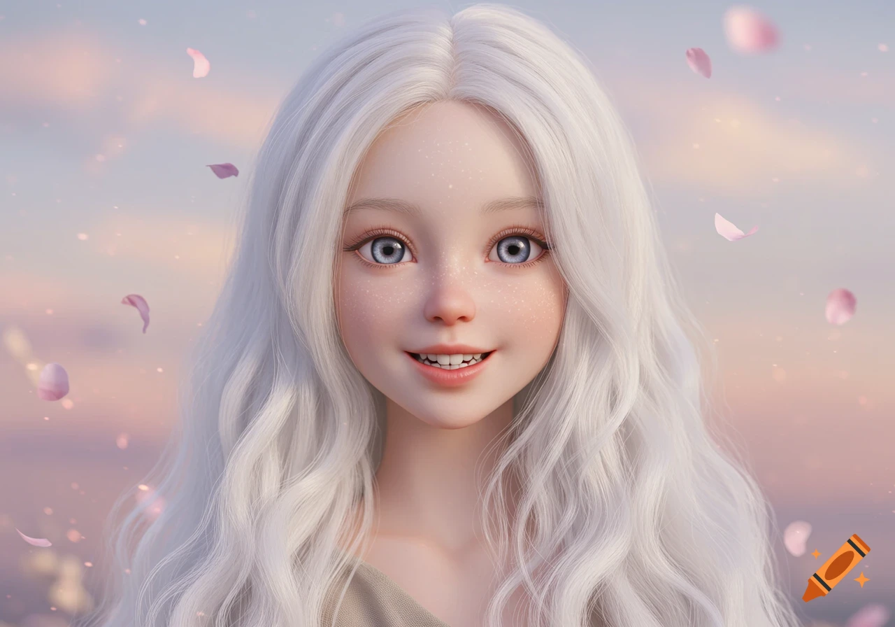 Close-up portrait of a smiling young girl with long, wavy white hair and blue eyes, with pink petals around her. Digital art.