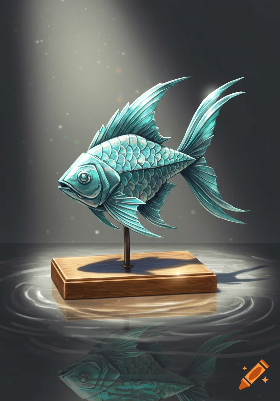A teal-colored, stylized fish sculpture with textured scales and flowing fins, standing on a wooden base with a reflection.