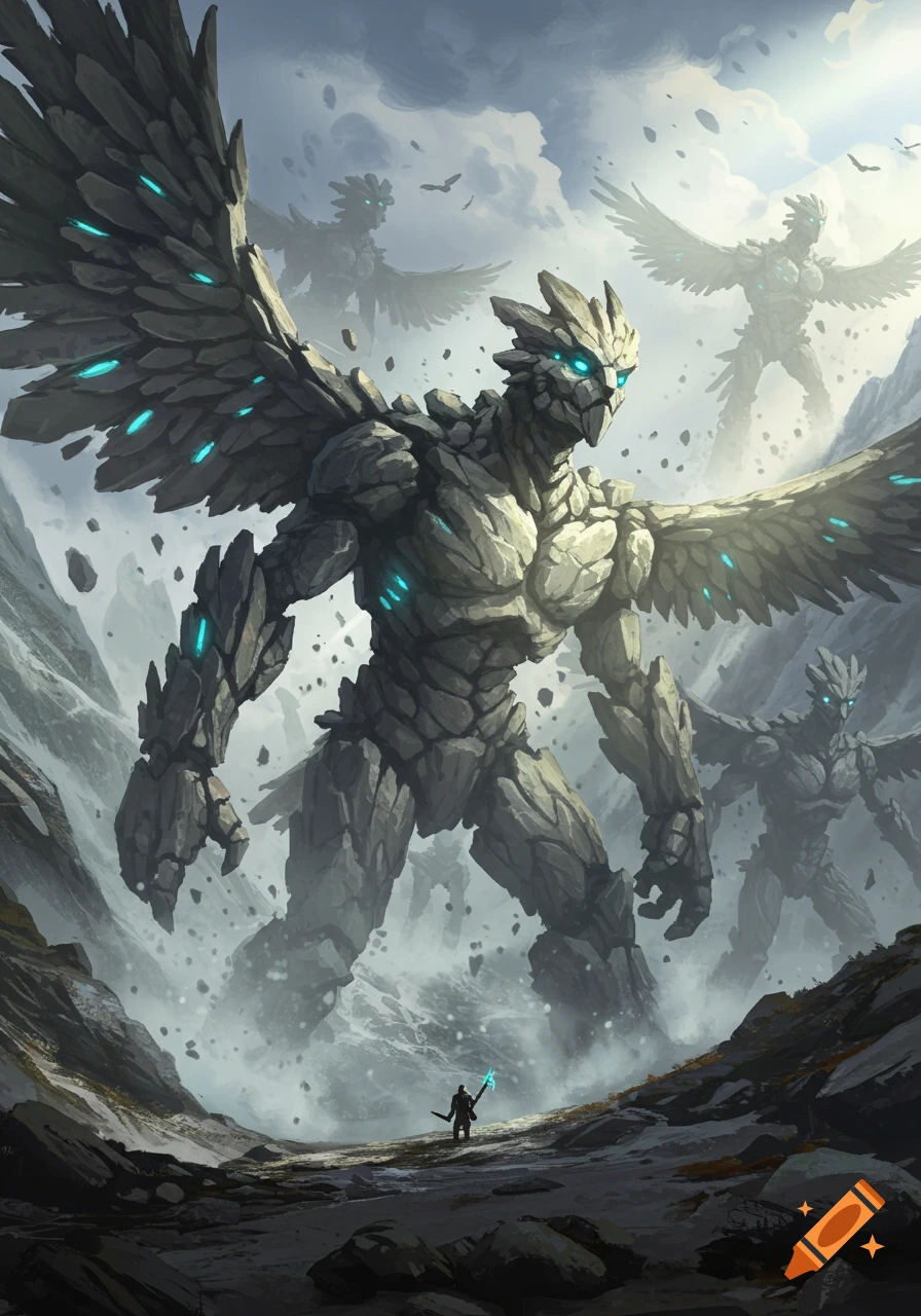 Giant winged rock monsters with glowing eyes stand over a small human in a misty, rocky valley. Fantasy art.