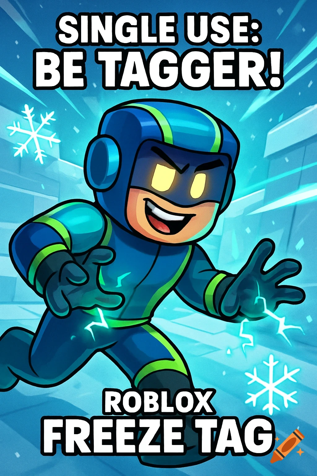 Cartoon character in blue and green suit with glowing hands and snowflakes, with text "SINGLE USE: BE TAGGER! ROBLOX FREEZE TAG."