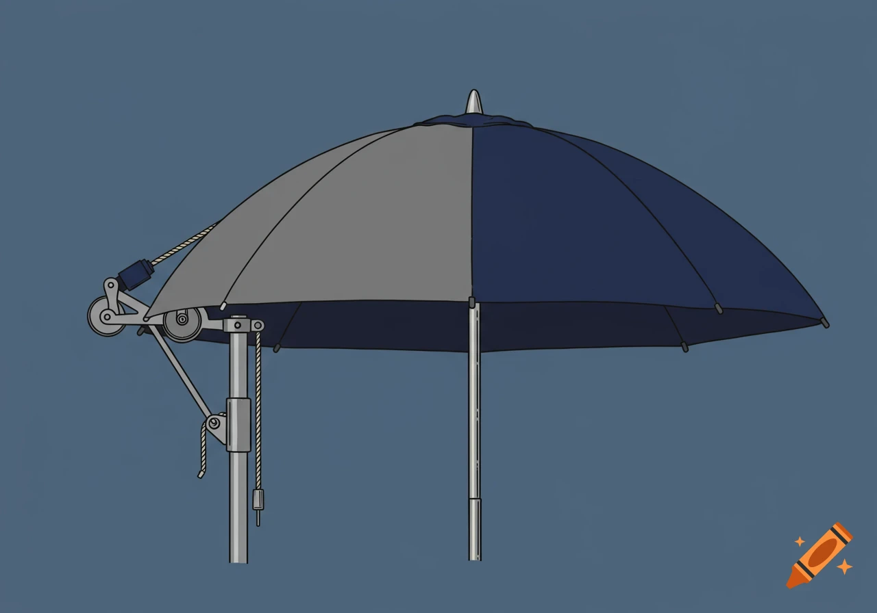 Technical illustration of a half umbrella canopy with a pulley system and a round pole on a blue background.