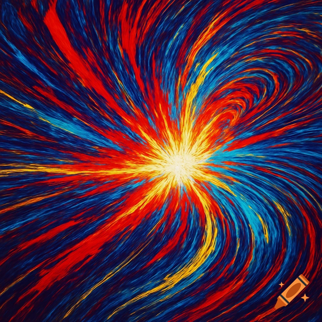 Abstract art of a vibrant starburst explosion with radiating and swirling lines of red, blue, and yellow against a dark background.