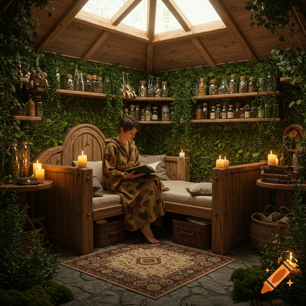 A person reads a book in a cozy, plant-filled rustic room, lit by candles and a skylight. Shelves with jars line the ivy-covered walls.
