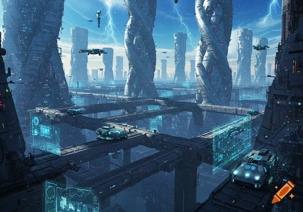 A detailed futuristic city with towering twisted skyscrapers, flying vehicles, and glowing blue elements under a lightning storm sky.