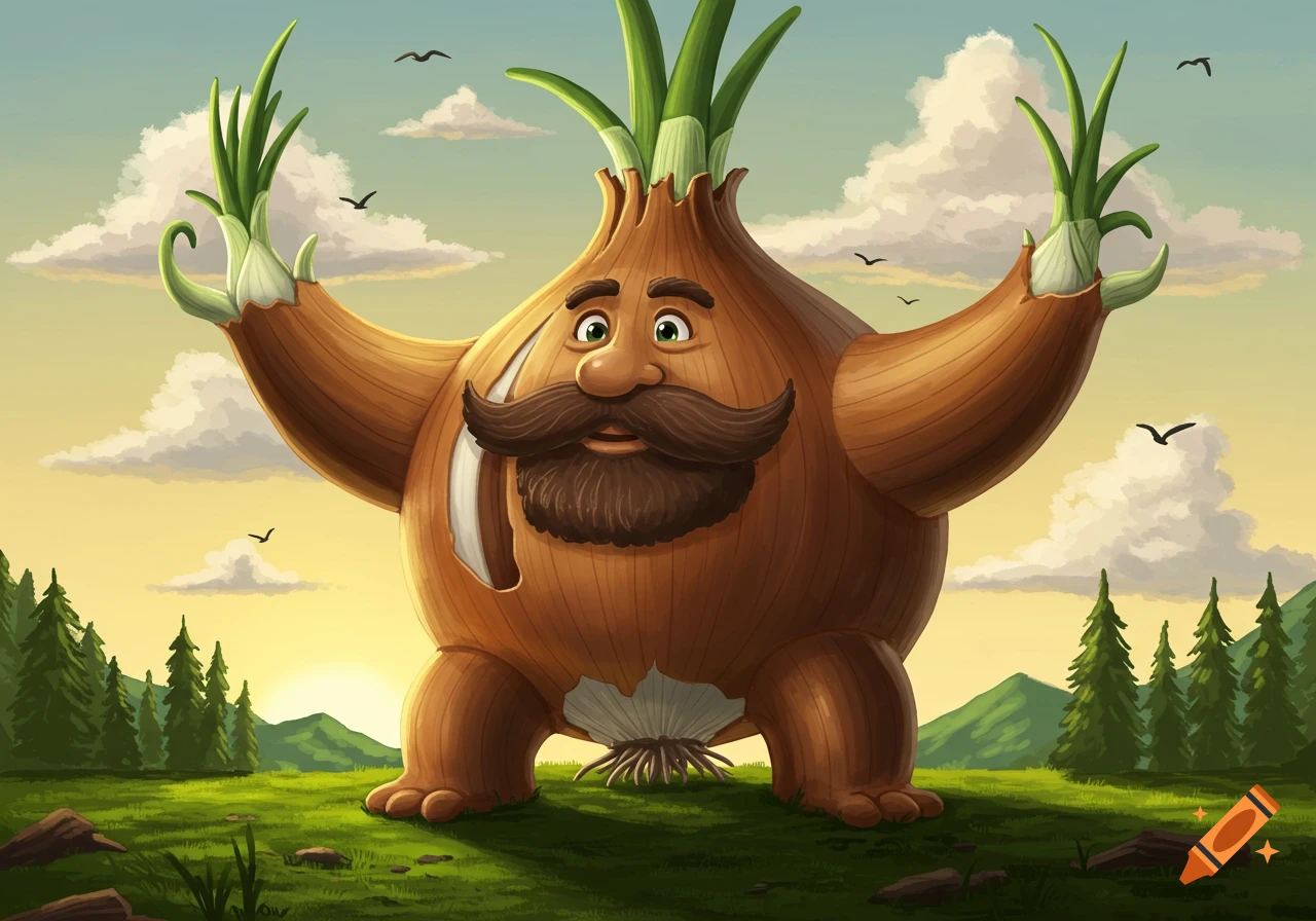 A large, friendly, anthropomorphic onion character with a mustache and beard stands in a sunny green landscape with mountains and trees.