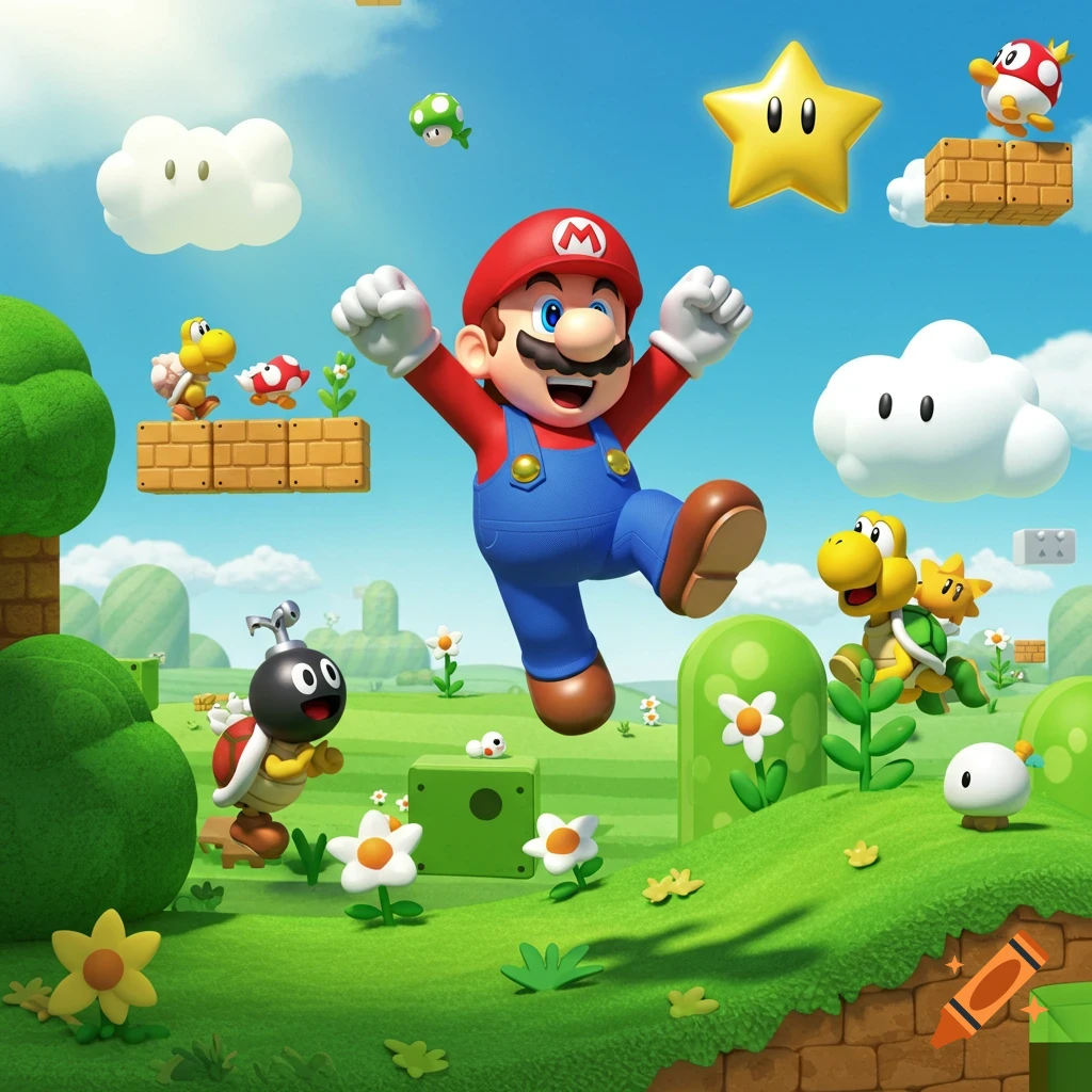 Mario jumps in a vibrant, sunny Super Mario landscape with Koopa Troopa, Bob-omb, and power-ups.