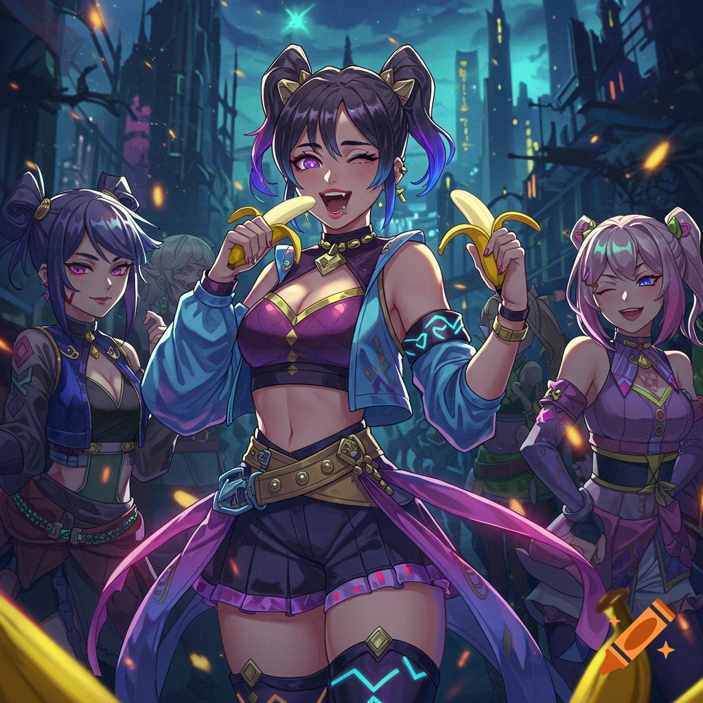 Anime-style women in a dark city, one winking and suggestively eating a banana, flanked by two others.