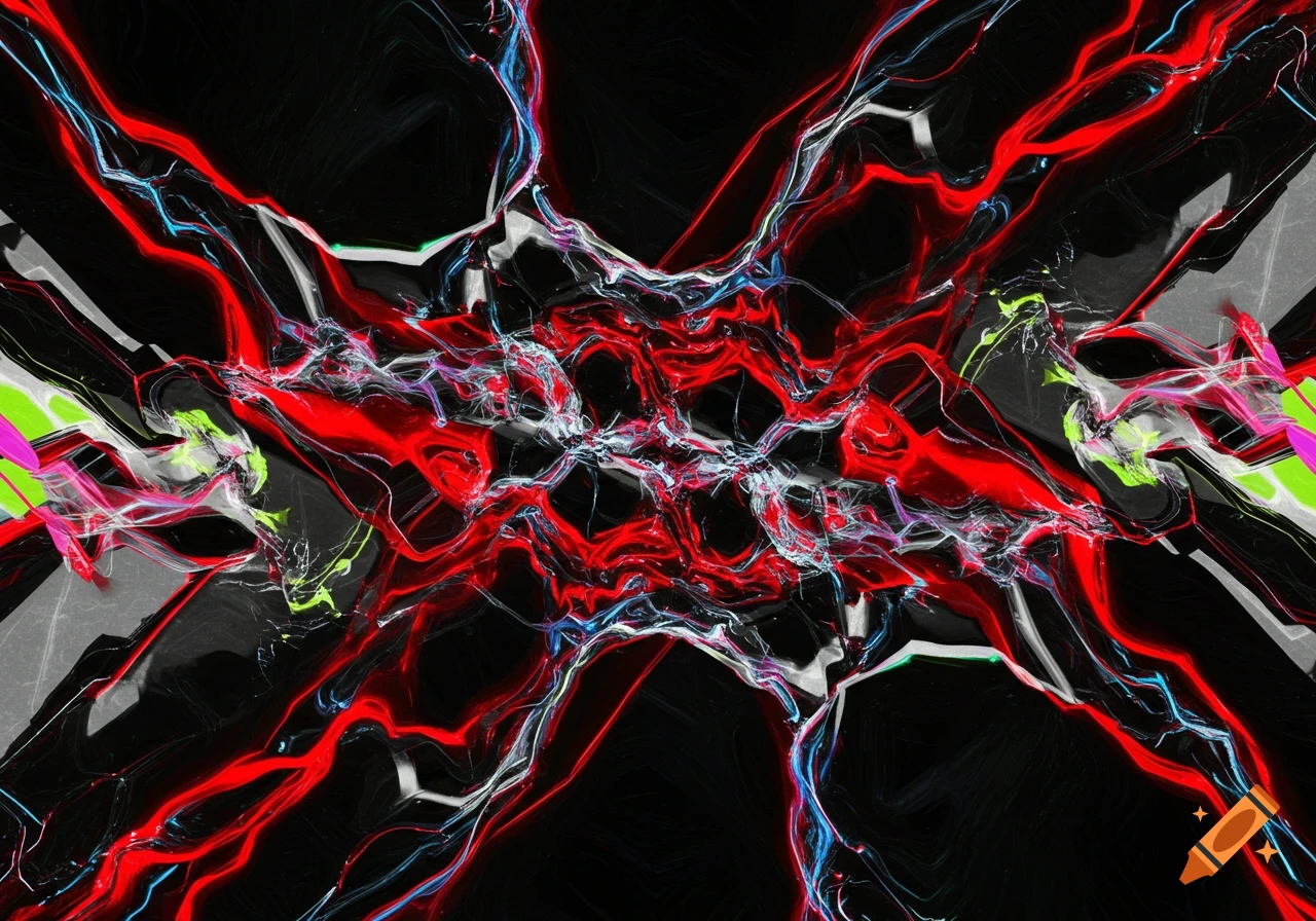 Abstract pattern of glowing red, blue, and neon green lines against a black background, resembling electrical currents.