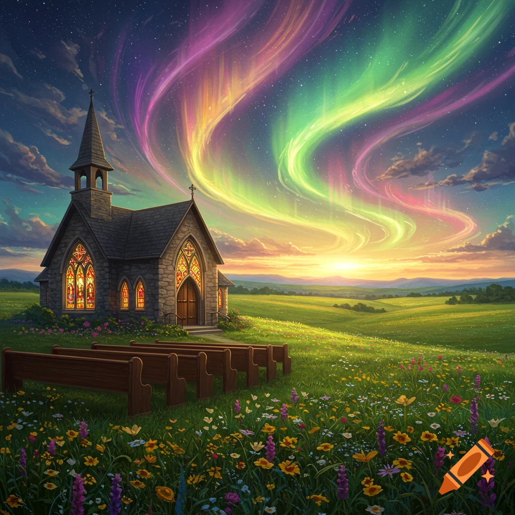 A stone church and wooden benches sit in a lush green field of wildflowers under a vibrant, colorful aurora borealis at dawn.