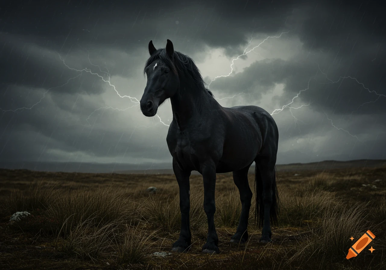 A black horse stands in a stormy field with lightning in the dark sky, photorealistic style.