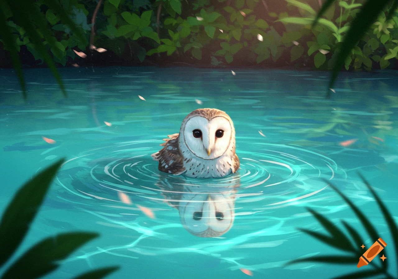 A cute barn owl swims in clear blue water, creating ripples and reflections, with green foliage in the background.