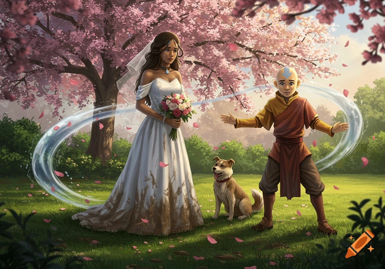 Katara in a dirty wedding dress and a distressed Aang with their dog, surrounded by cherry blossoms, Aang airbending.