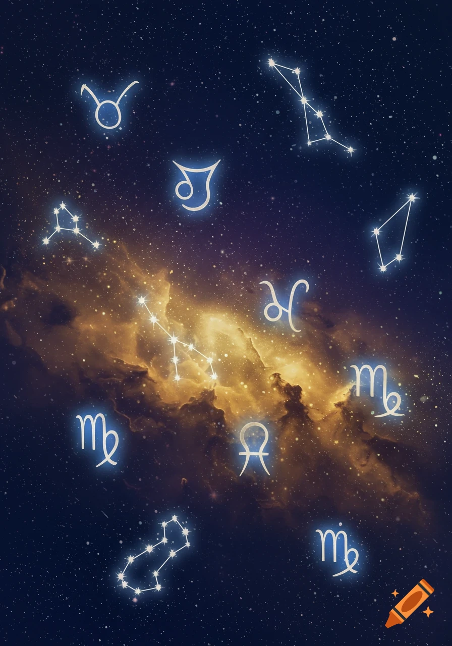 A dark blue and purple nebula background with a scattering of stars. Overlaid are various glowing white zodiac symbols and constellations.