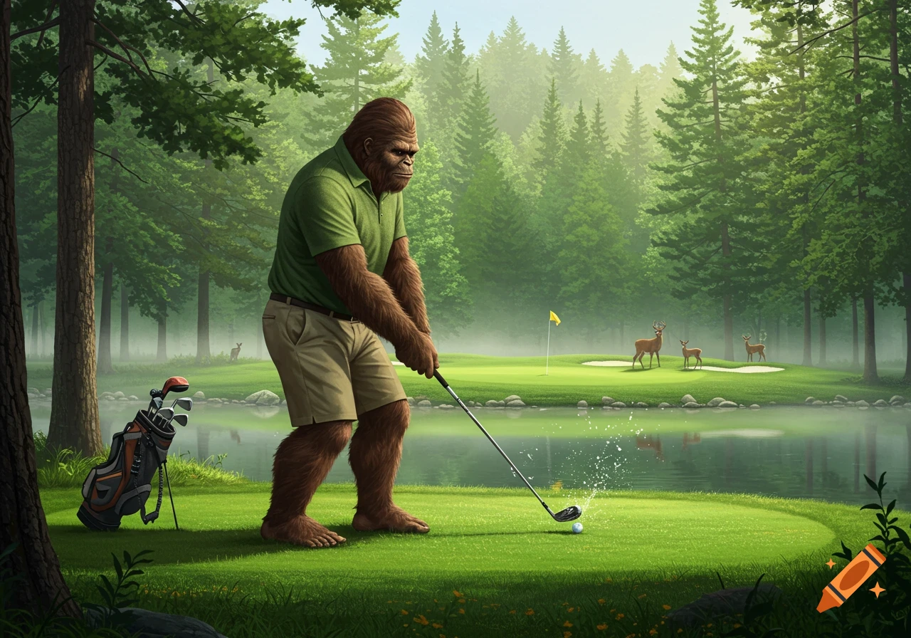 A large, furry Bigfoot in a green polo shirt and shorts plays golf by a lake with a forest background and deer watching.