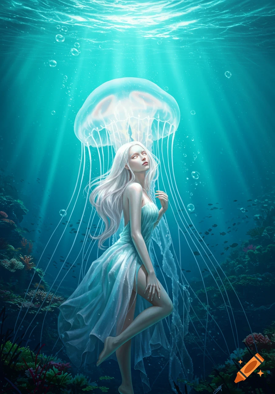 A fantasy woman with long white hair and a flowing dress floats gracefully underwater with a large glowing jellyfish above her head.