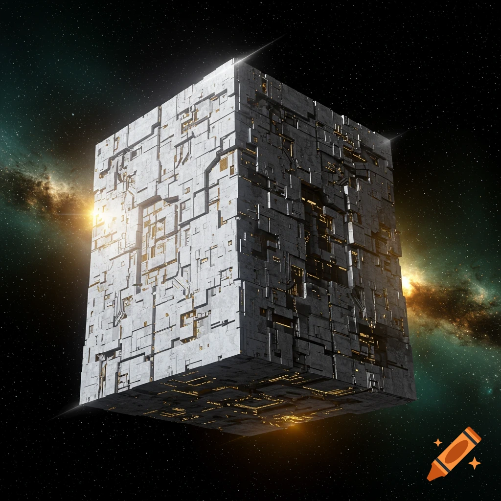 A large, intricate white and gold Borg Cube starship floats in space with nebulae and bright light flares.