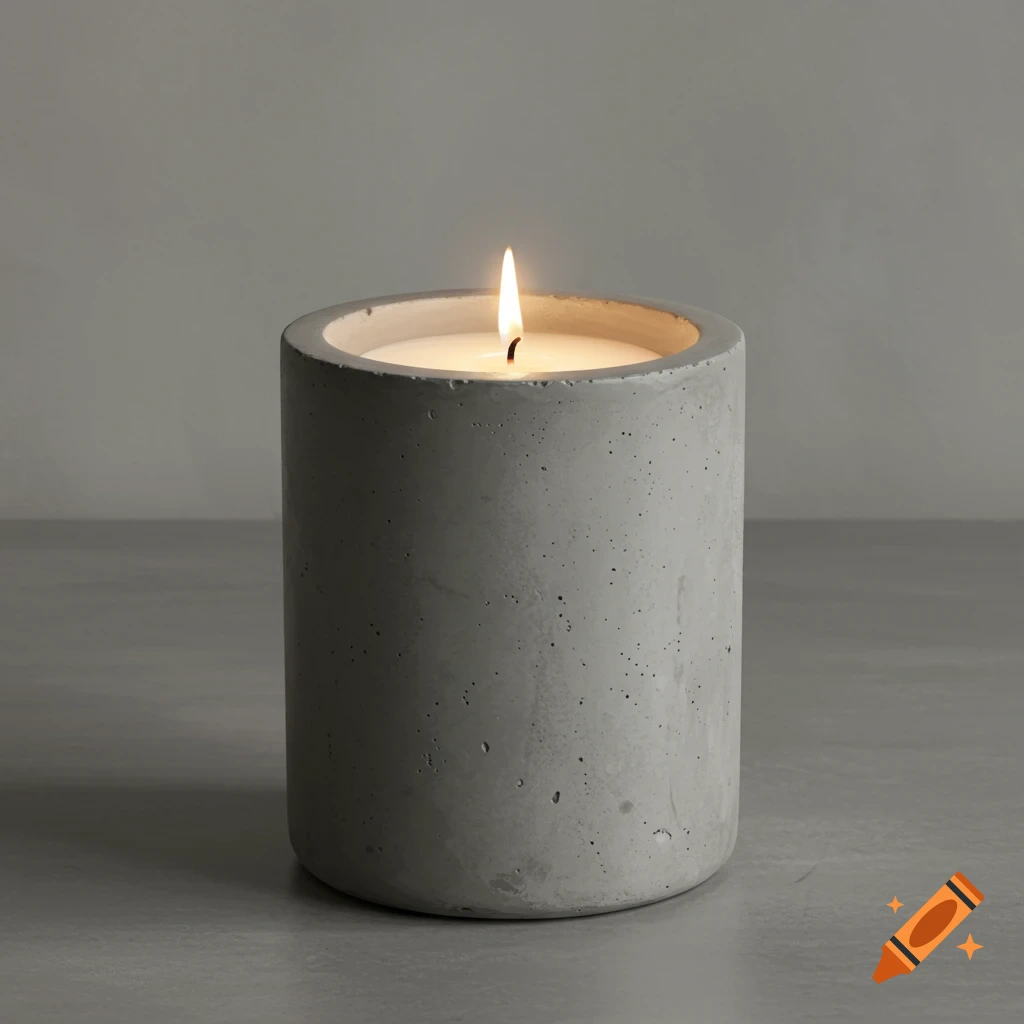 A lit candle in a grey concrete vessel sits on a matching grey surface against a plain grey background.