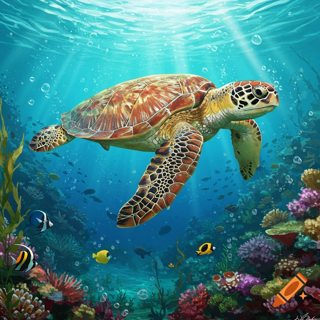 A vibrant illustration of a sea turtle swimming among colorful coral, fish, and sun rays in clear blue ocean water.