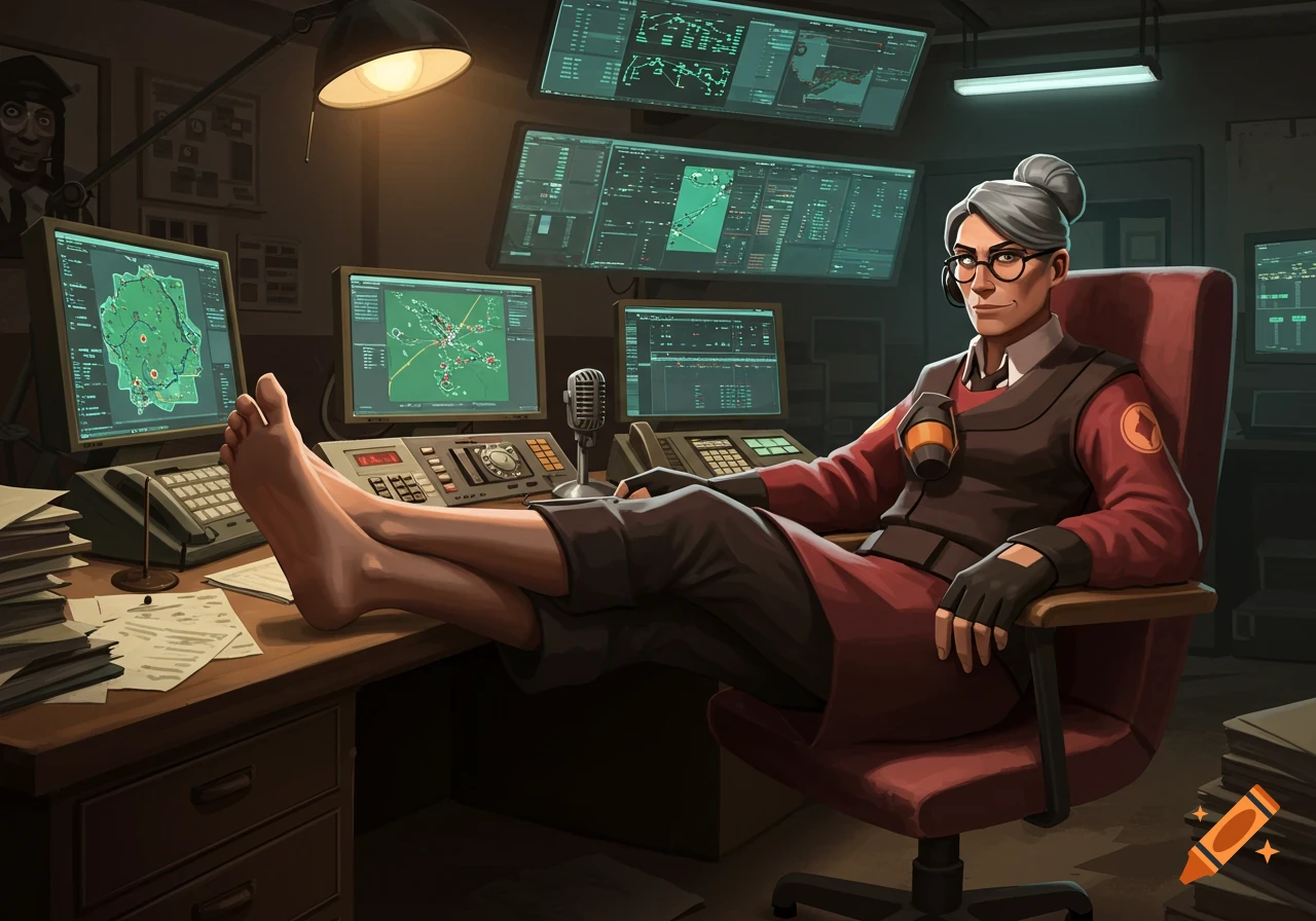 Team Fortress 2 style art of a woman in uniform with bare feet propped on a desk in a control room with monitors.