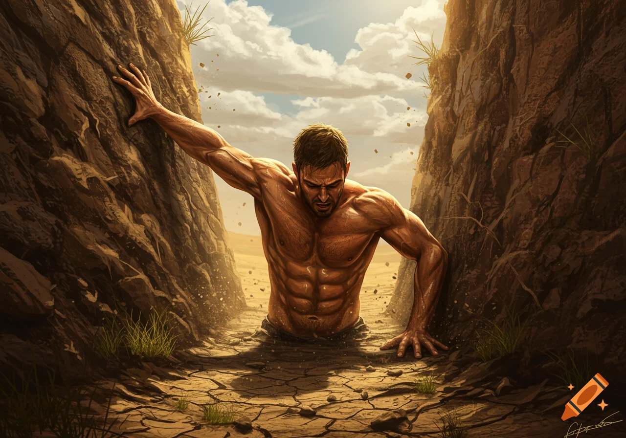 A muscular, shirtless man struggles to climb out of a deep, cracked hole between two rock walls in a desert setting, under a cloudy sky.