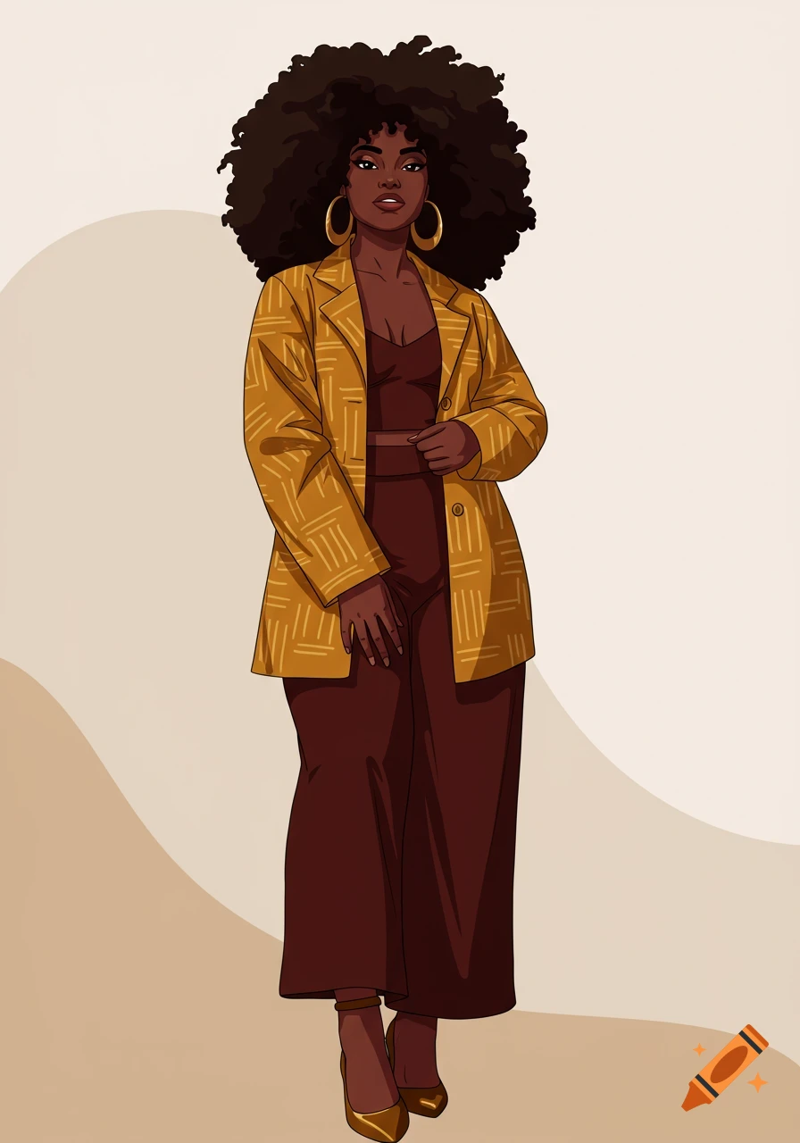 Stylized illustration of a Black woman with an afro, wearing a yellow patterned blazer, brown pants, and gold heels.