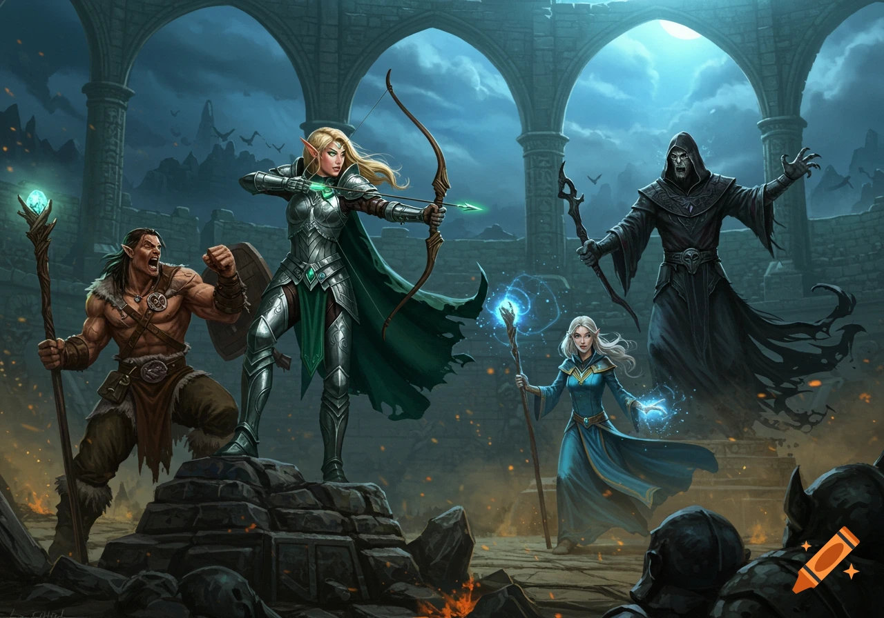 An elf archer, a barbarian, and a wizard battle a skeletal Witch Lord in a ruined castle at night, digital art.