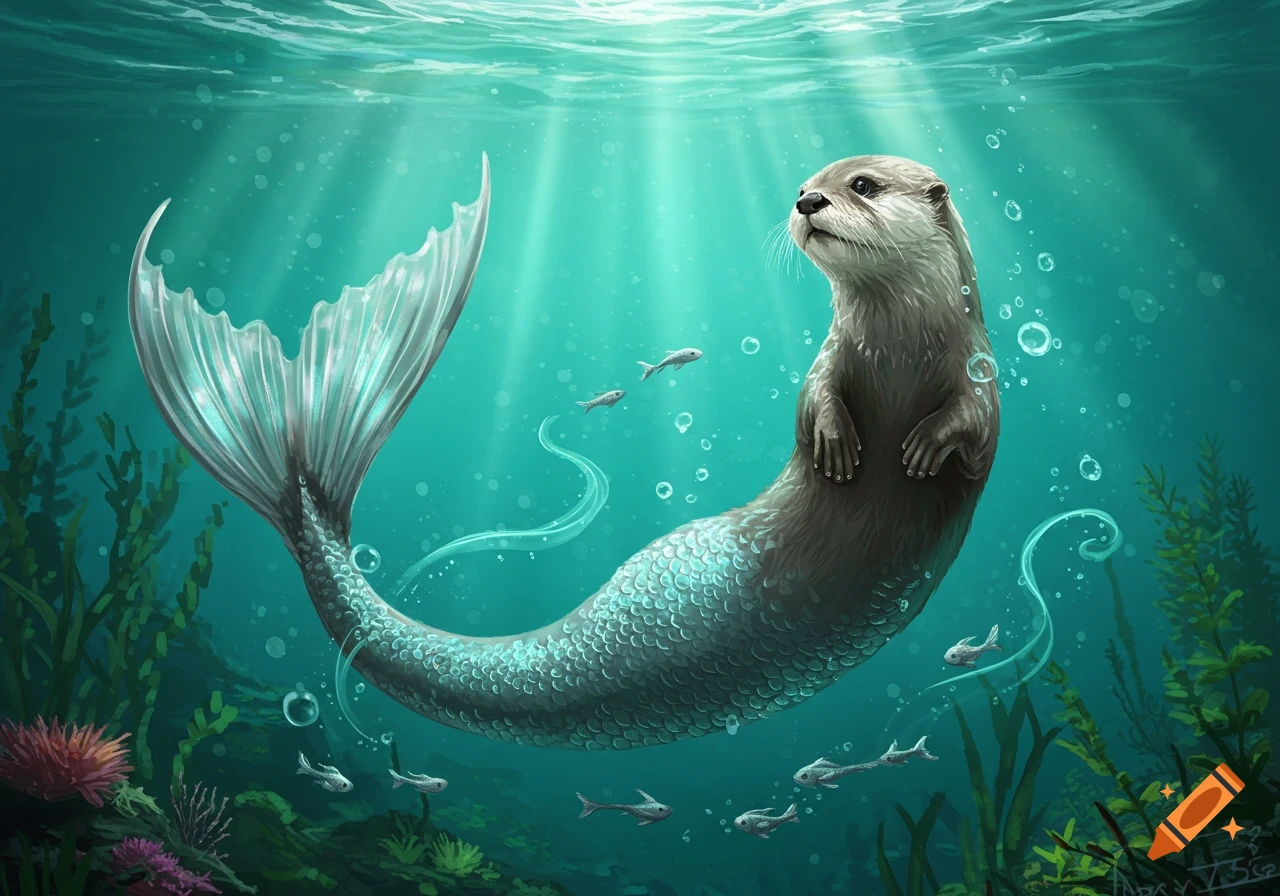 Digital illustration of an adorable otter with a mermaid tail swimming in sunlit underwater plants.