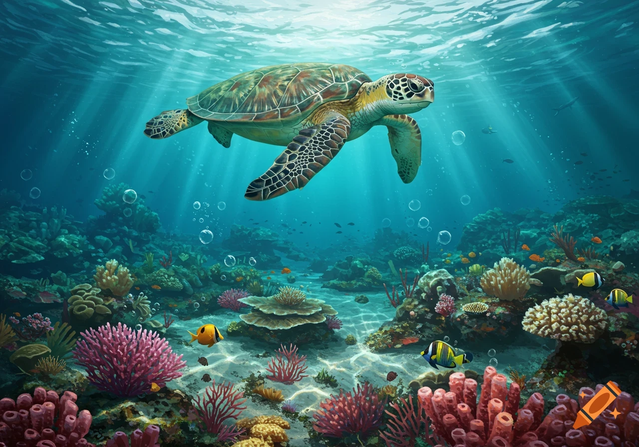 A sea turtle swims gracefully above a vibrant coral reef teeming with colorful fish and sunlight streaming through the clear blue ocean.
