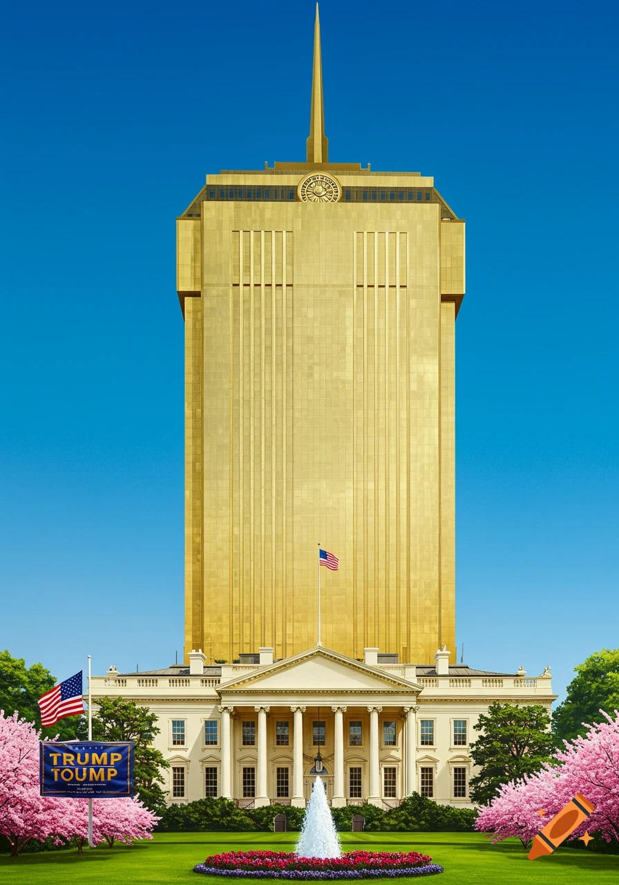 A golden skyscraper resembling Trump Tower sits atop the White House, flanked by American flags, cherry blossoms, and a 'TRUMP TOUMP' banner.
