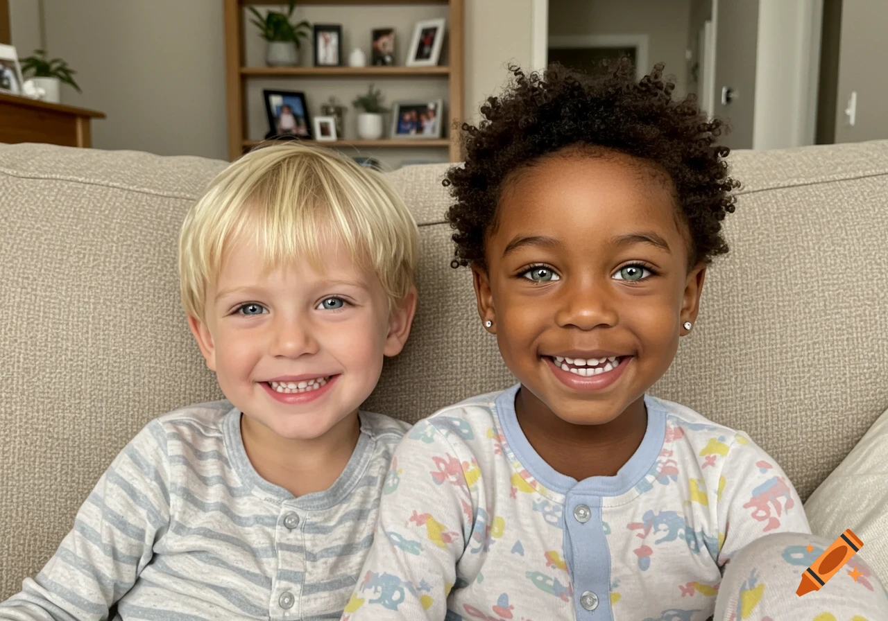 Two young boys, one with blonde hair and blue eyes, the other with an afro and green-gray eyes, smiling on a couch.