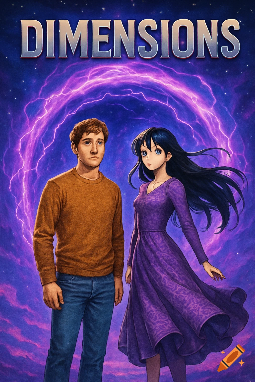 A poster featuring a brown-haired man and a black-haired anime woman standing before a swirling purple lightning portal, with "DIMENSIONS" at the top.