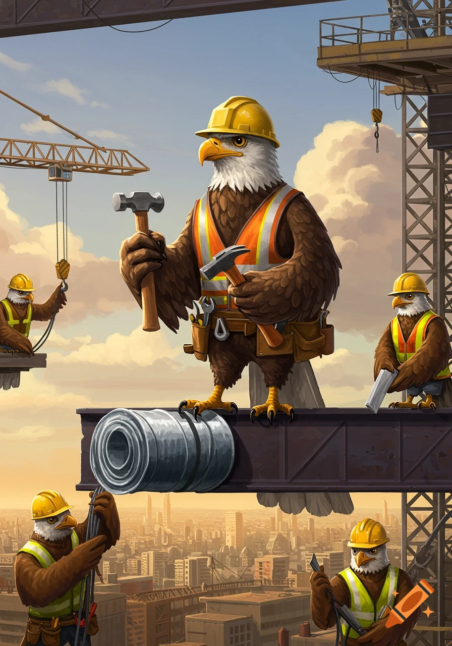 Anthropomorphic eagles in hard hats and safety vests work on a construction site with tools, overlooking a city.