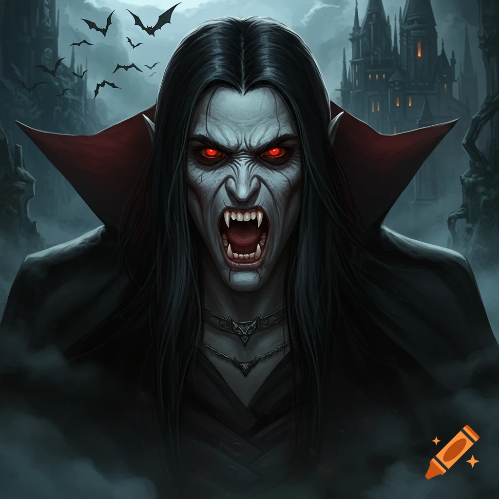 A male vampire with long black hair, red eyes, and gray skin screams with fangs visible, in front of a dark castle with bats flying.