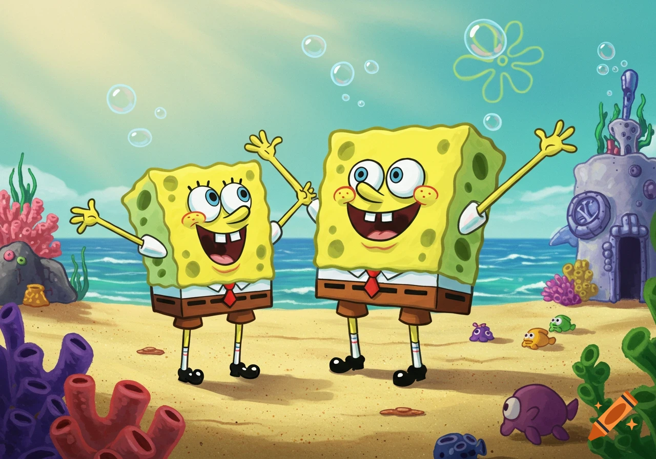 Two happy Spongebob Squarepants characters stand on a sandy seafloor with coral, rocks, and a building, surrounded by bubbles.