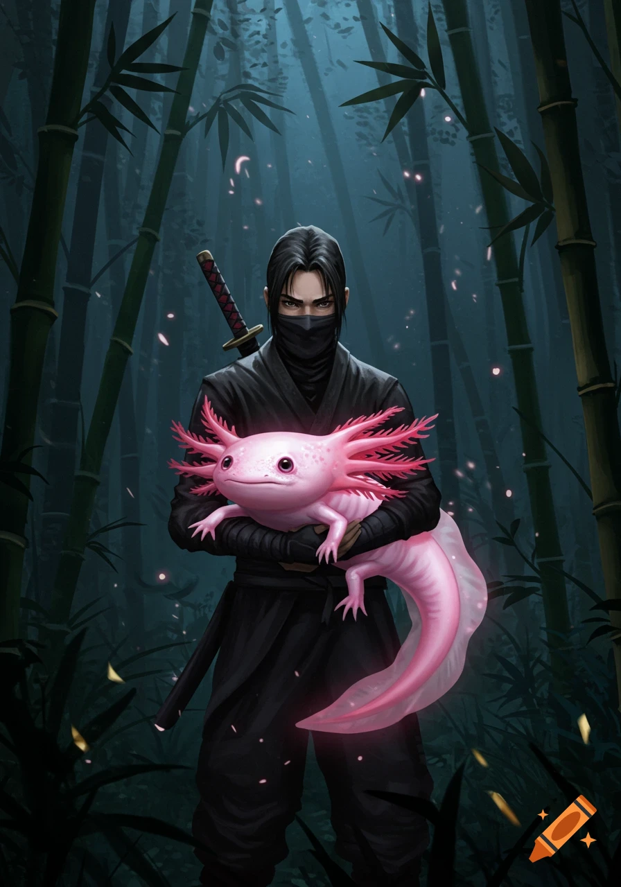A ninja in a bamboo forest holds a glowing pink axolotl.