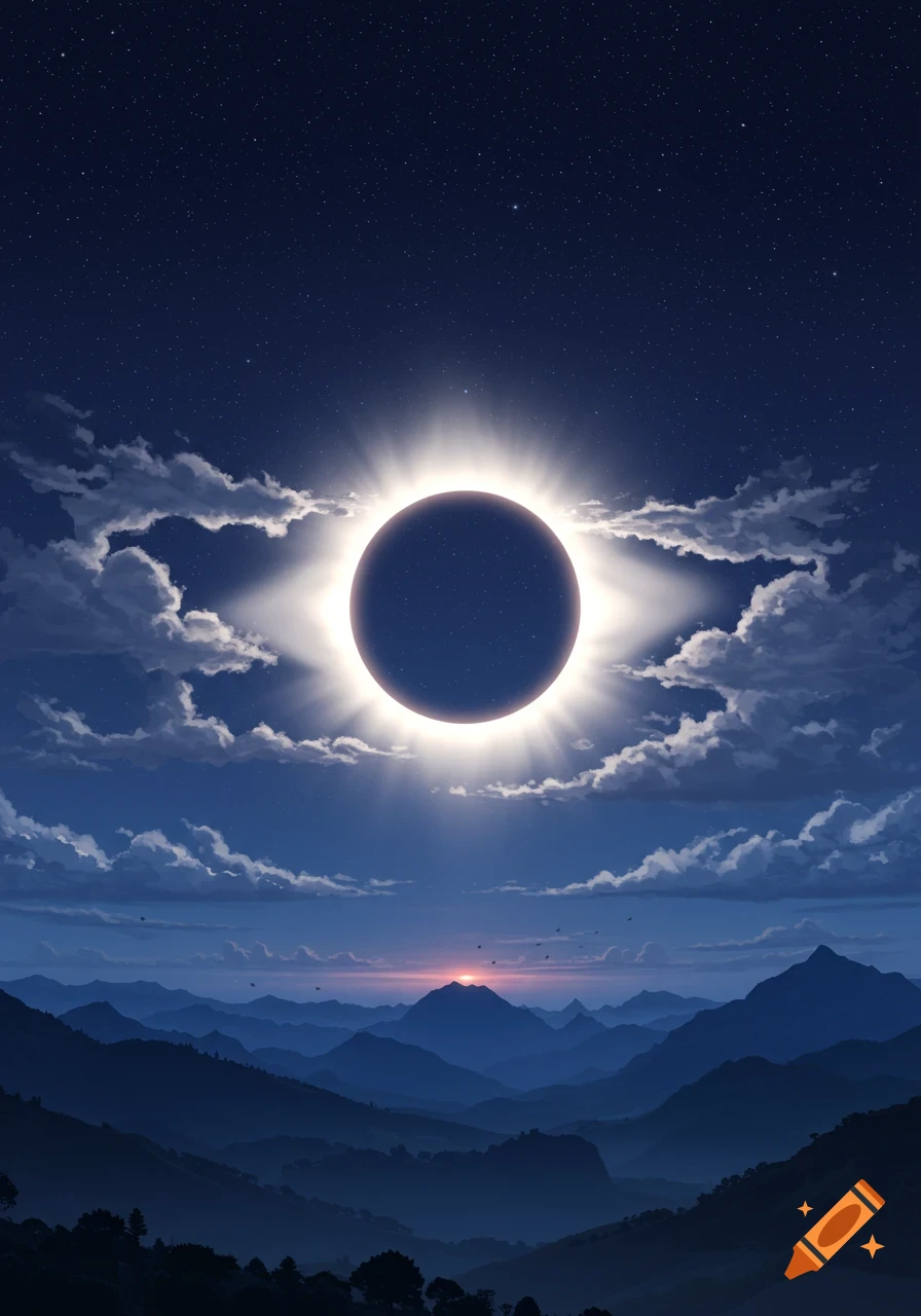 Digital art depicting a total solar eclipse over a mountainous landscape at twilight under a starry sky.