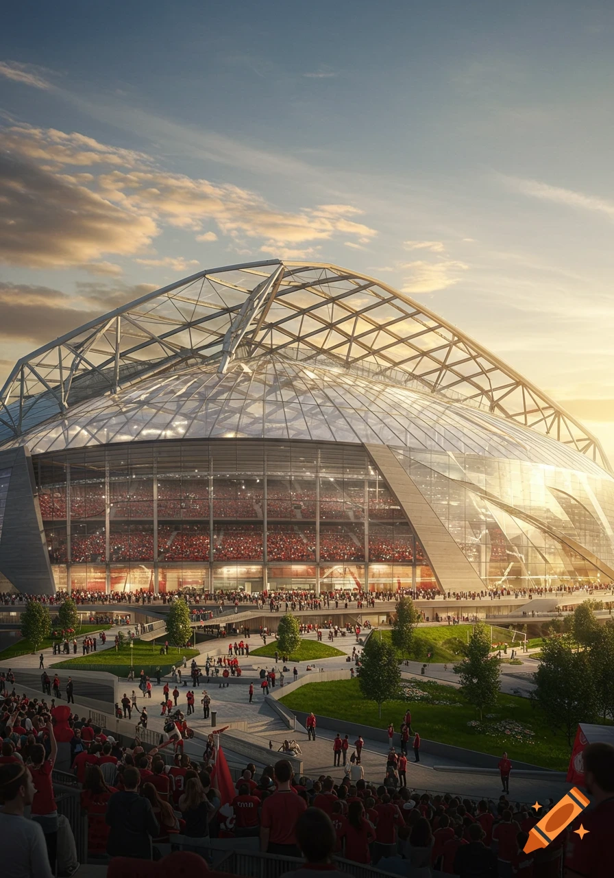 A modern, architecturally stunning stadium with a retractable glass roof at sunset, filled with a large crowd.